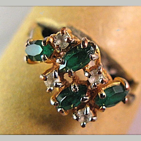 18K GEPAD Emerald Rhinestone Ring Sz 5